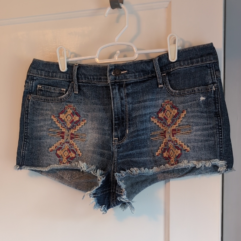 Hollister Blue Jean Shorts with Multicolor Embroidery